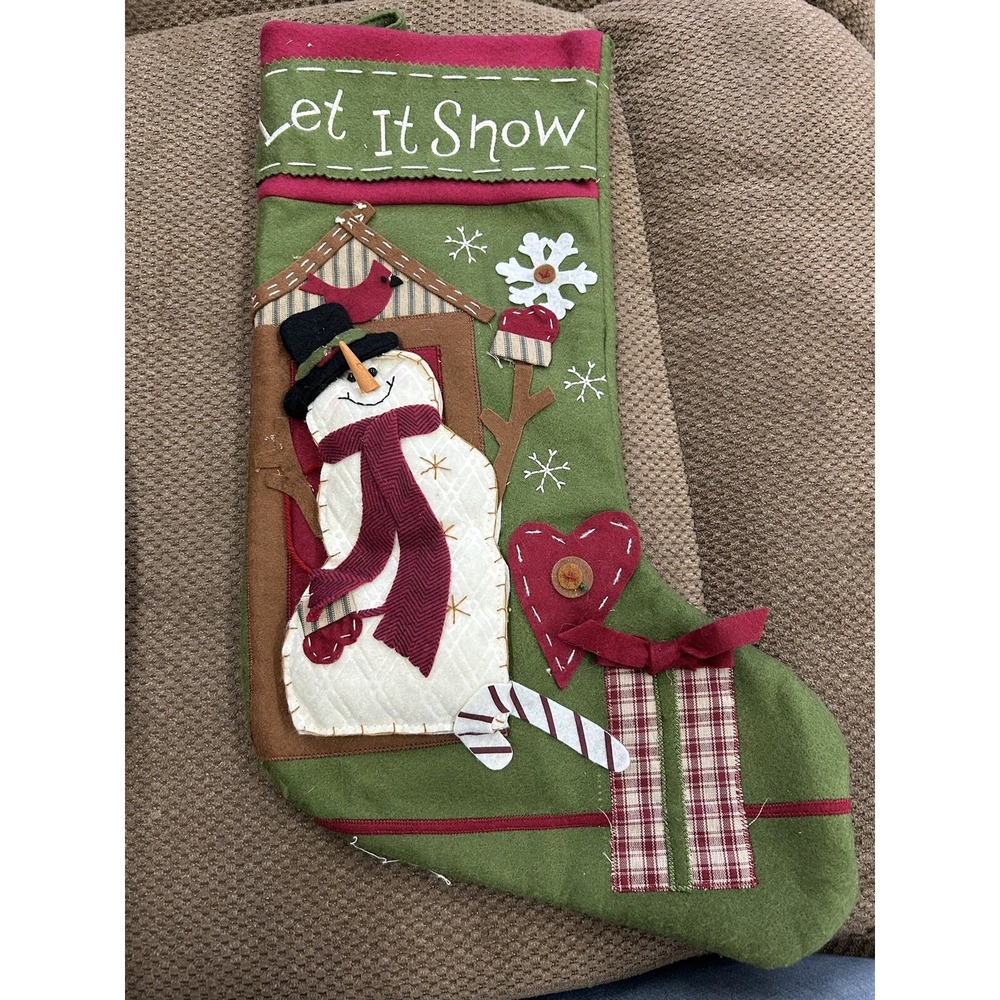 Snowman "Let It Snow" 2D Felt Appliqué Christmas Stocking Large 19"